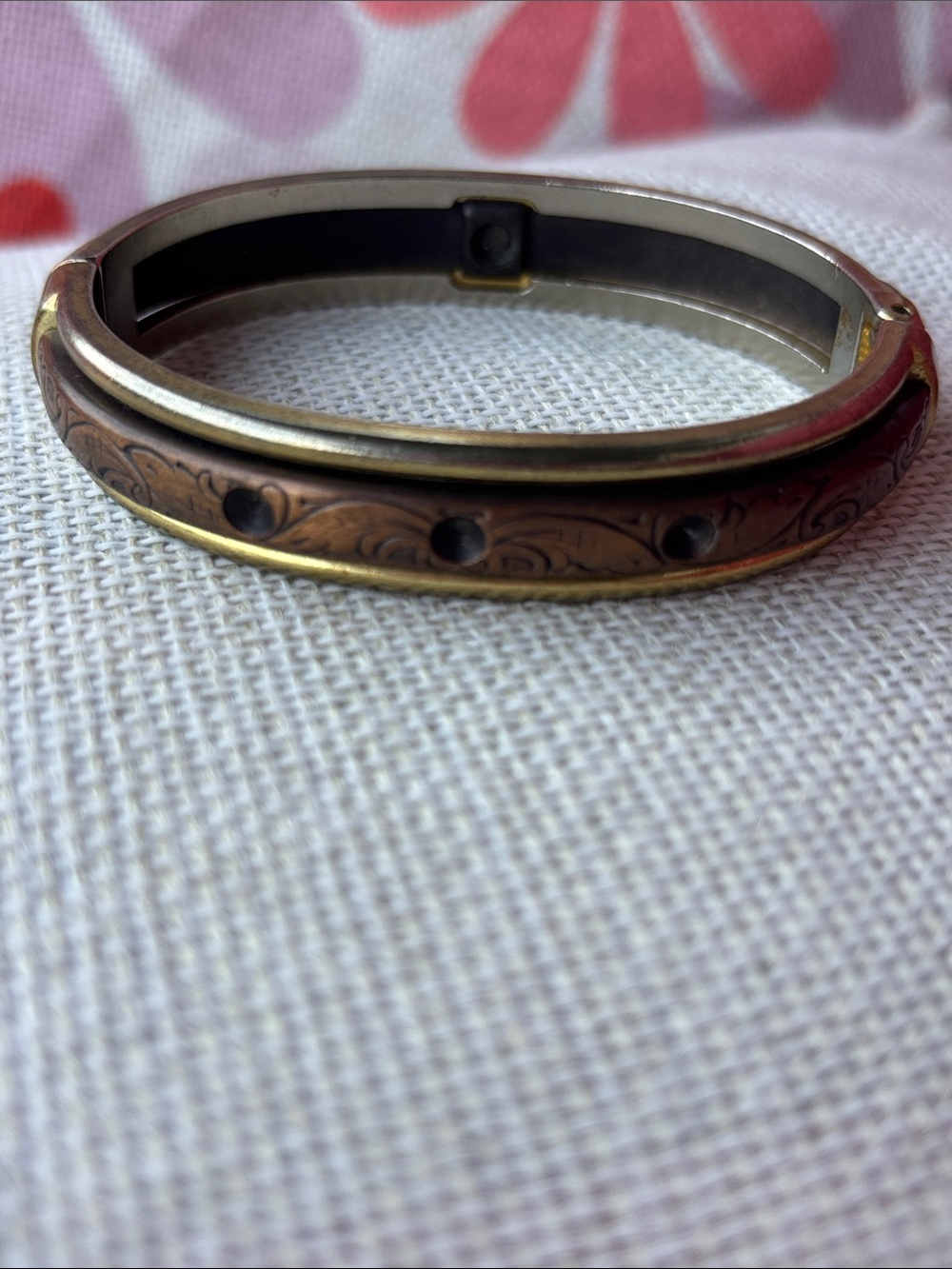 Vintage-Inspired Gold Toned and Copper Engraved Bangle Bracelet